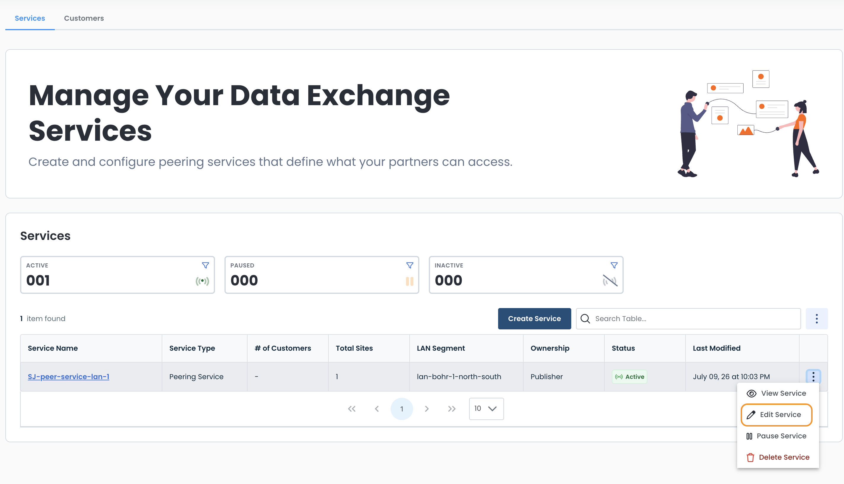 Manage data exchange services with options to create, edit, or delete services.